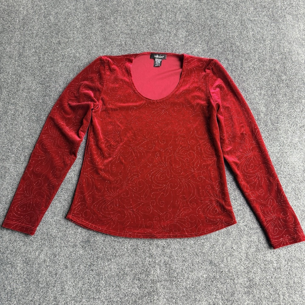 Vintage Red Velvet Long Sleeve Scoop Neck Top Glitter Swirls Women's Size Lg